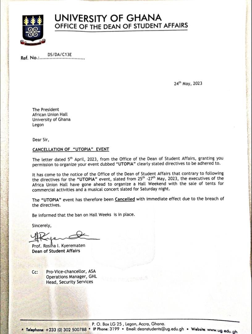University of Ghana Dean of Students announces cancellation of “Pent Hall” Week. 1 17a6ffe8 9922 481f a01d 54741de0f1c1