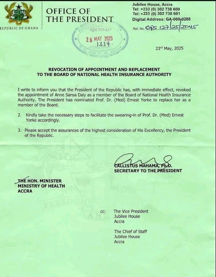 President Mahama Removes Anne Sansa Daly from NHIA Board, Appoints Prof. Dr. Ernest Yorke as Replacement 2 President Mahama Removes Anne Sansa Daly from NHIA Board, Appoints Prof. Dr. Ernest Yorke as Replacement