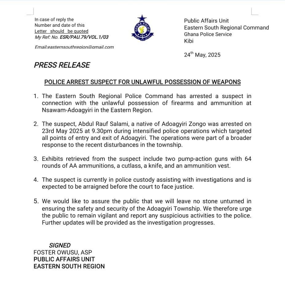 ER: Police in Nsawam-Adoagyiri arrest 1 person for unlawful possession of firearms 4 Arm