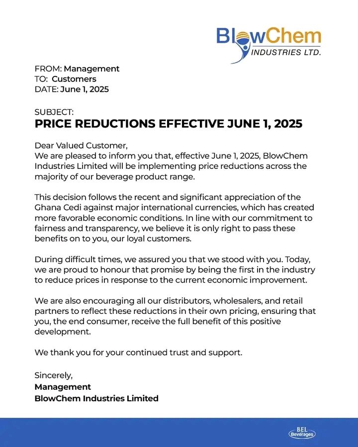 BlowChem Industries Reduces Prices on Bel Beverages as Cedi Strengthens 2 BlowChem Industries Slashes Prices on Bel Beverages as Cedi Strengthens