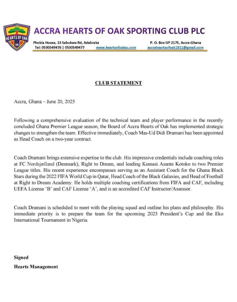 Didi Dramani Appointed Hearts of Oak Head Coach on 2-Year Deal 2 Didi Dramani Appointed Hearts of Oak Head Coach on Two-Year Deal