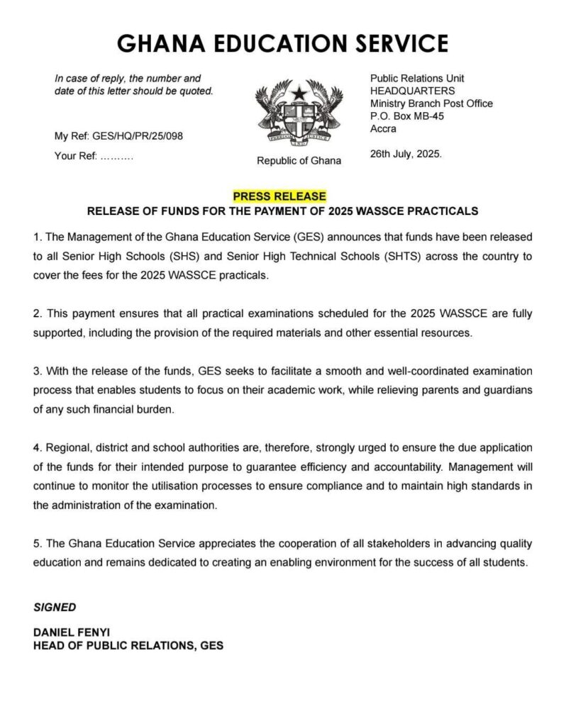 Ghana Education Service Releases Funds for 2025 WASSCE Practical Examinations 2 2025