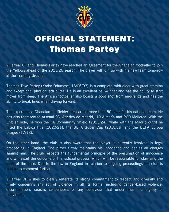 Thomas Partey is innocent until proven guilty – Villarreal break silence on rape allegations 2 Thomas Partey is innocent until proven guilty – Villarreal break silence on rape allegations
