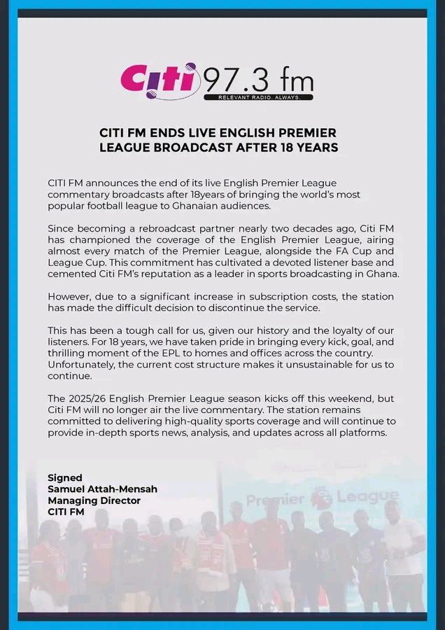 Citi FM Ends Live EPL Broadcast After 18 Years