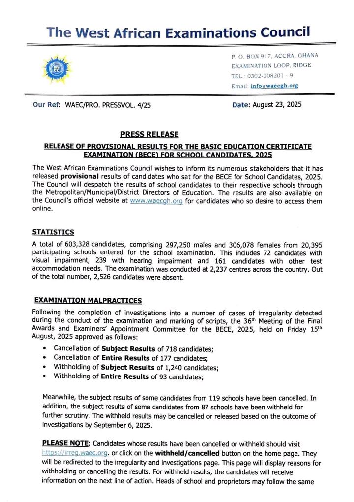 WAEC Releases 2025 BECE Results 2 WAEC Releases 2025 BECE Results