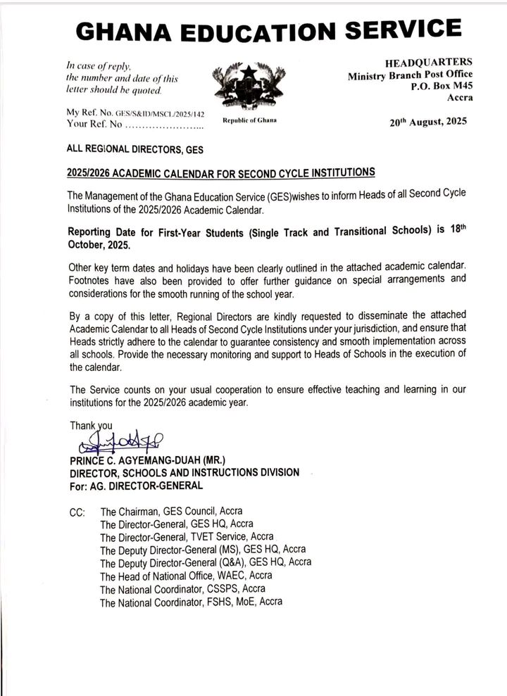 GES Unveils 2025/2026 SHS Academic Calendar: Resumption Dates and Important Term Breaks