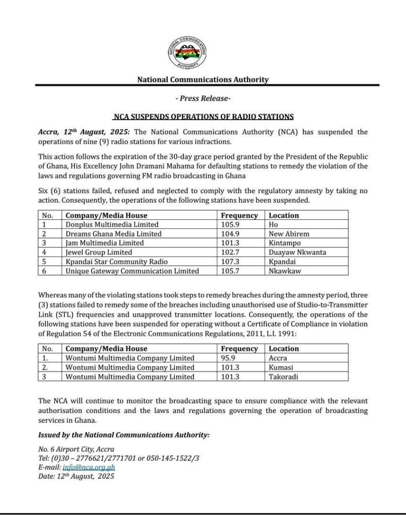 NCA suspends 3 Wontumi radio stations and 6 others for Serious Regulatory Breaches 4 NCA suspends nine radio stations