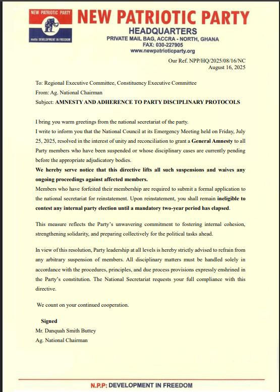 NPP Grants General Amnesty to All Suspended Members 2 NPP General Amnesty