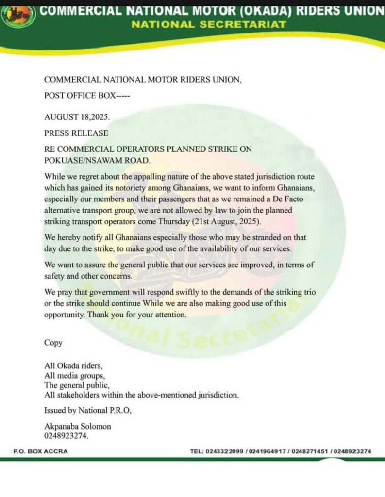 Ofankor-Nsawam road: We will not join strike by transport operators on August 21 – Okada riders 2 Ofankor-Nsawam road