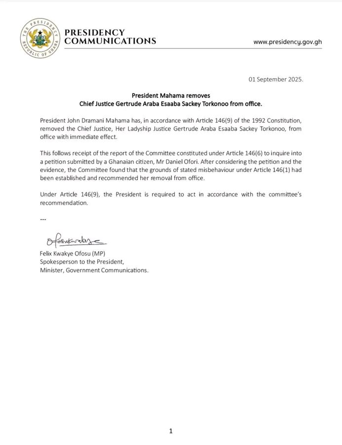 President Mahama Removes Chief Justice Gertrude Torkonoo Following Misconduct Inquiry 2 President Mahama Removes Chief Justice Gertrude Torkonoo Following Misconduct Inquiry
