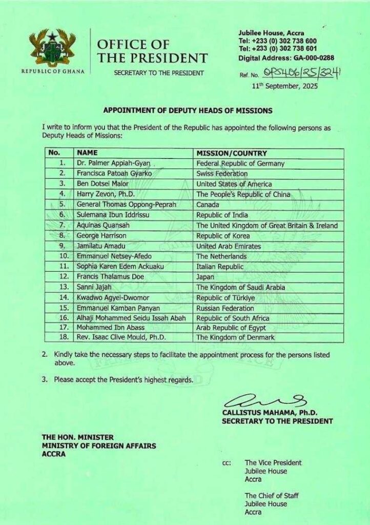 President Mahama Names 18 Deputy Heads of Mission