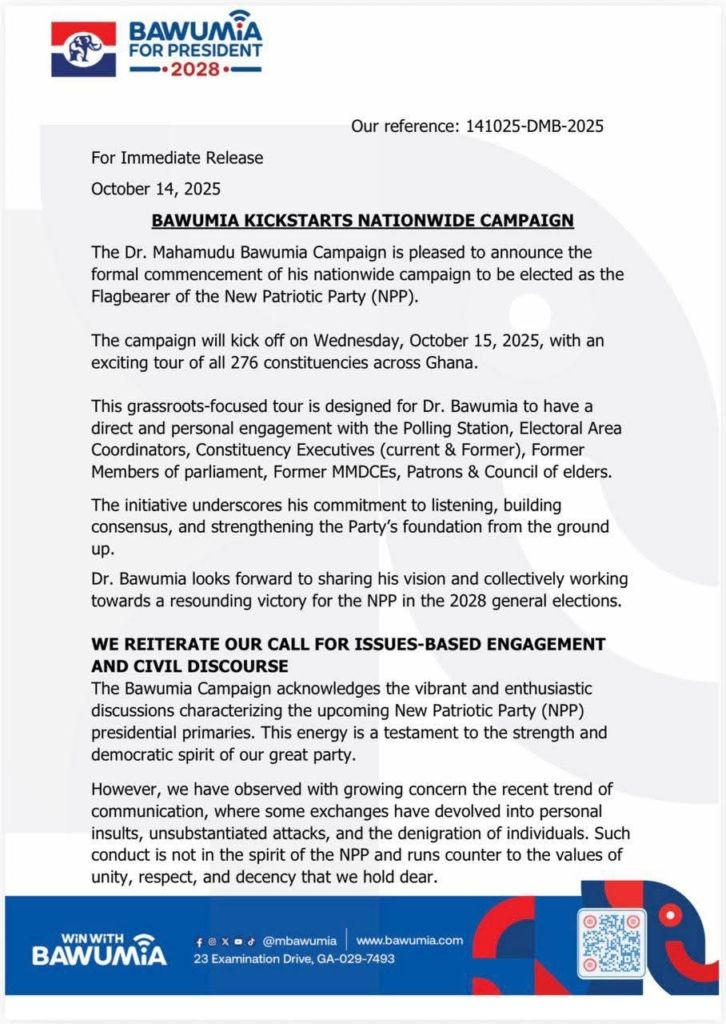 Dr. Bawumia to Launch Nationwide Tour as NPP Flagbearer Campaign Kicks Off