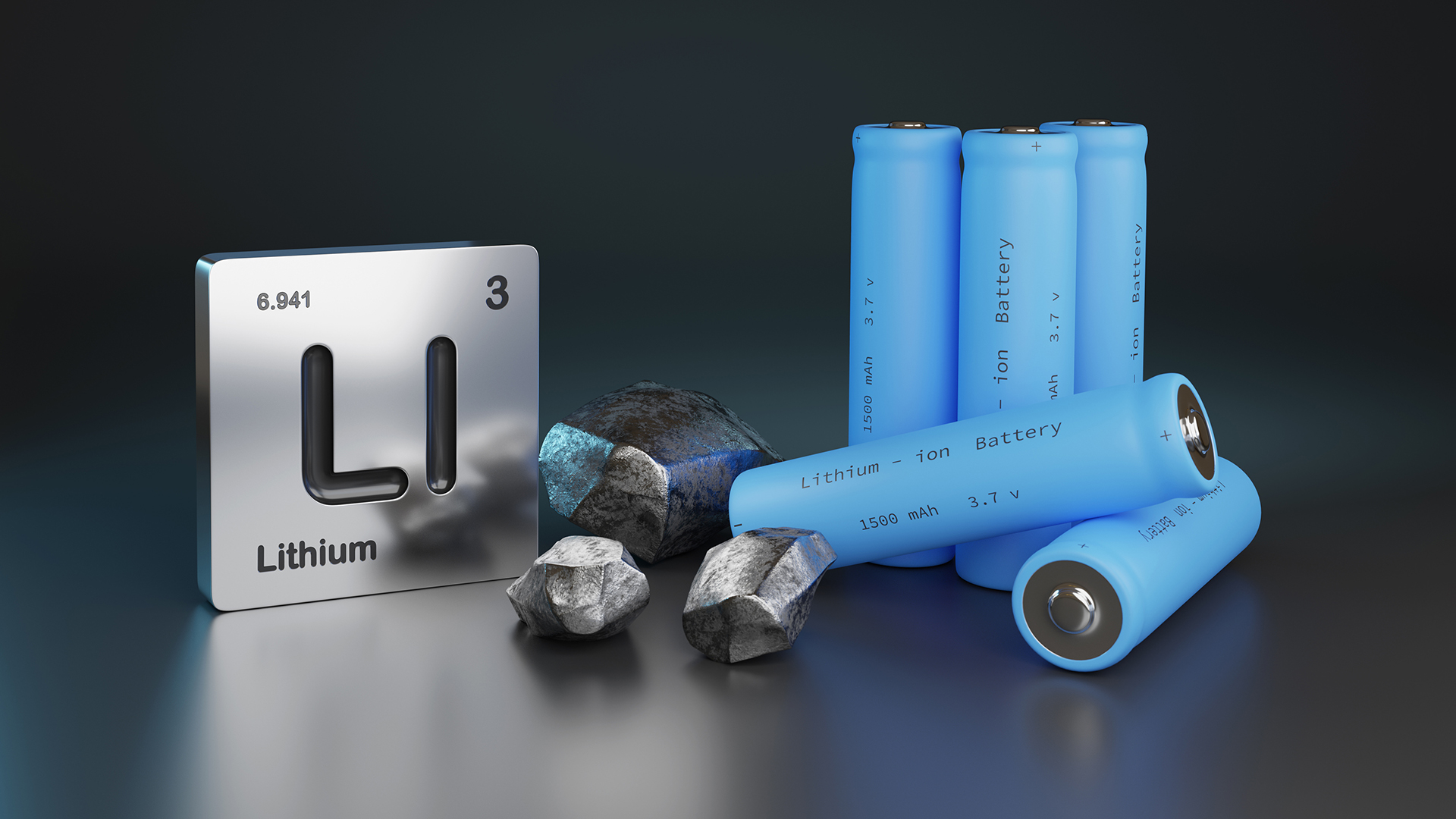 Lithium - ion batteries , metallic lithium and element symbol. 3d illustration.