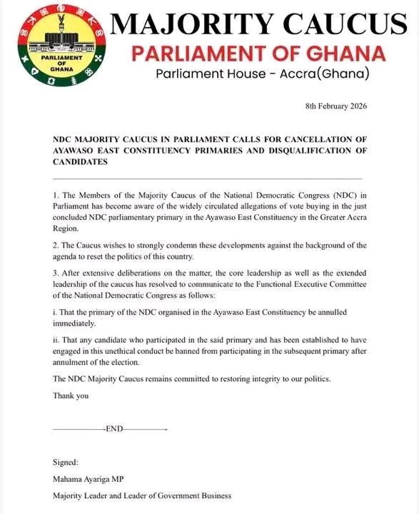 NDC Majority in Parliament calls for annulment of Ayawaso East primaries over vote-buying allegations