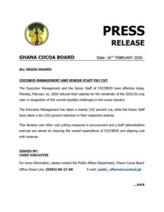 Ghana Cocoa Board executives and senior staff take pay cuts as cocoa liquidity crisis deepens