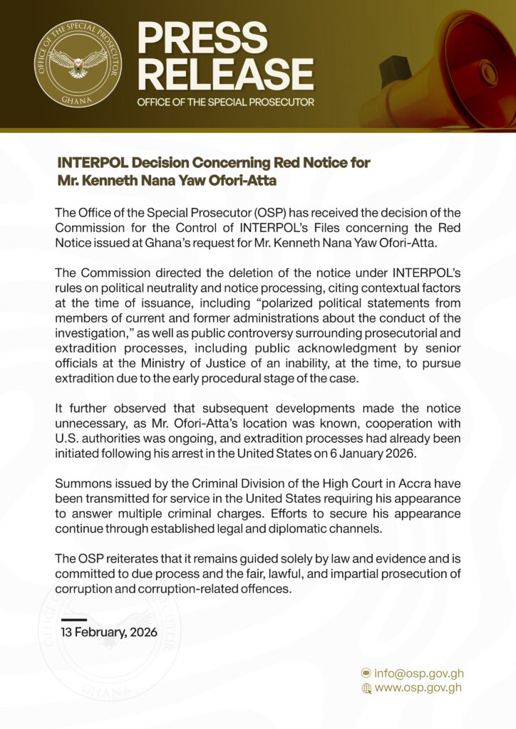 INTERPOL deletes Red Notice against former Ghana Finance Minister Ken Ofori-Atta amid ongoing legal battle 4 The OSP's position on INTERPOL removal of the Red Notice