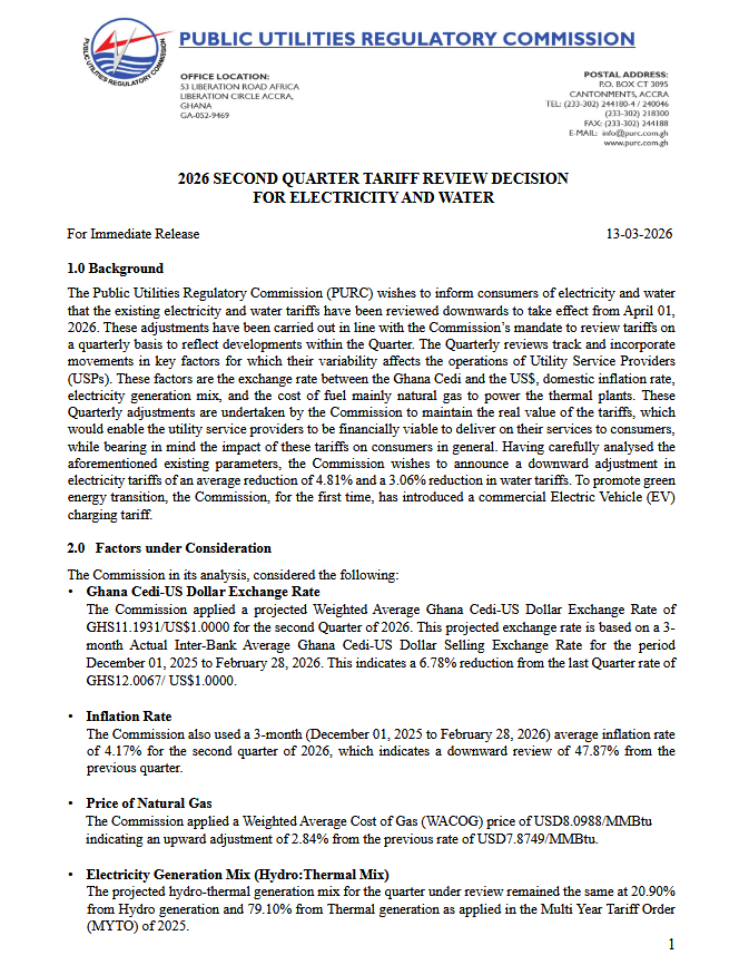 Public Utilities Regulatory Commission (PURC) statement on electricity and water tariff
